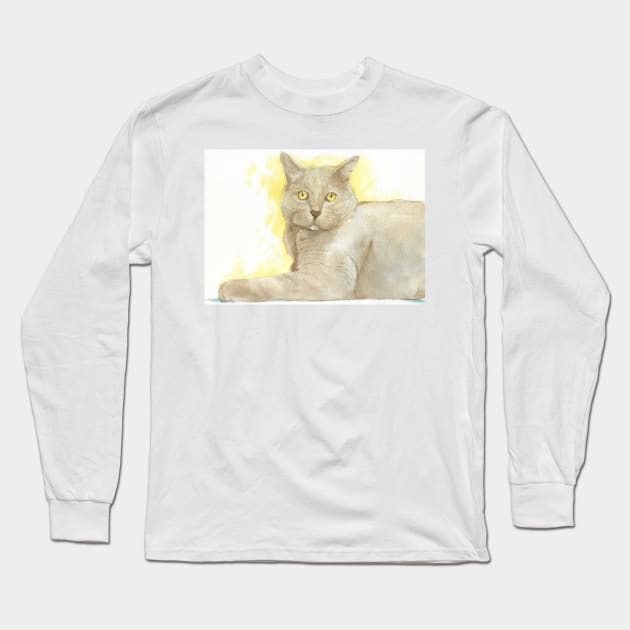 brown cat watercolor portrait Long Sleeve T-Shirt by Oranjade0122